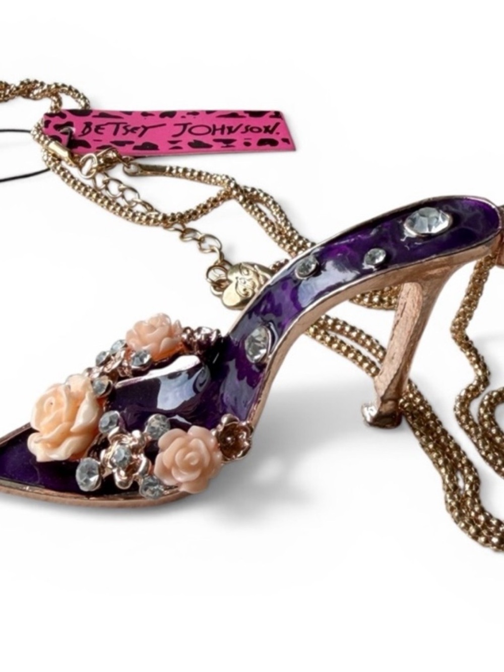 Betsey Johnson decorative Purple Jeweled High Heel Necklace with Peach Roses - Picture 2 of 5
